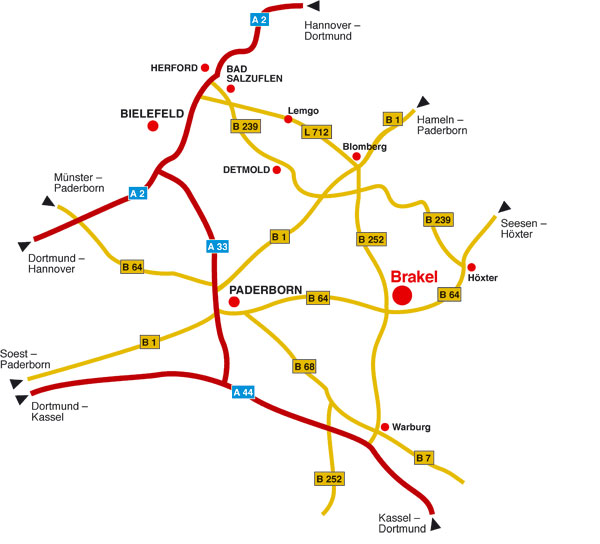 Wegespinne und Verkehrsanbindung von Brakel im Kreis Höxter zu den Bundes- und Landesstraßen, sowie zu den Autobahnen